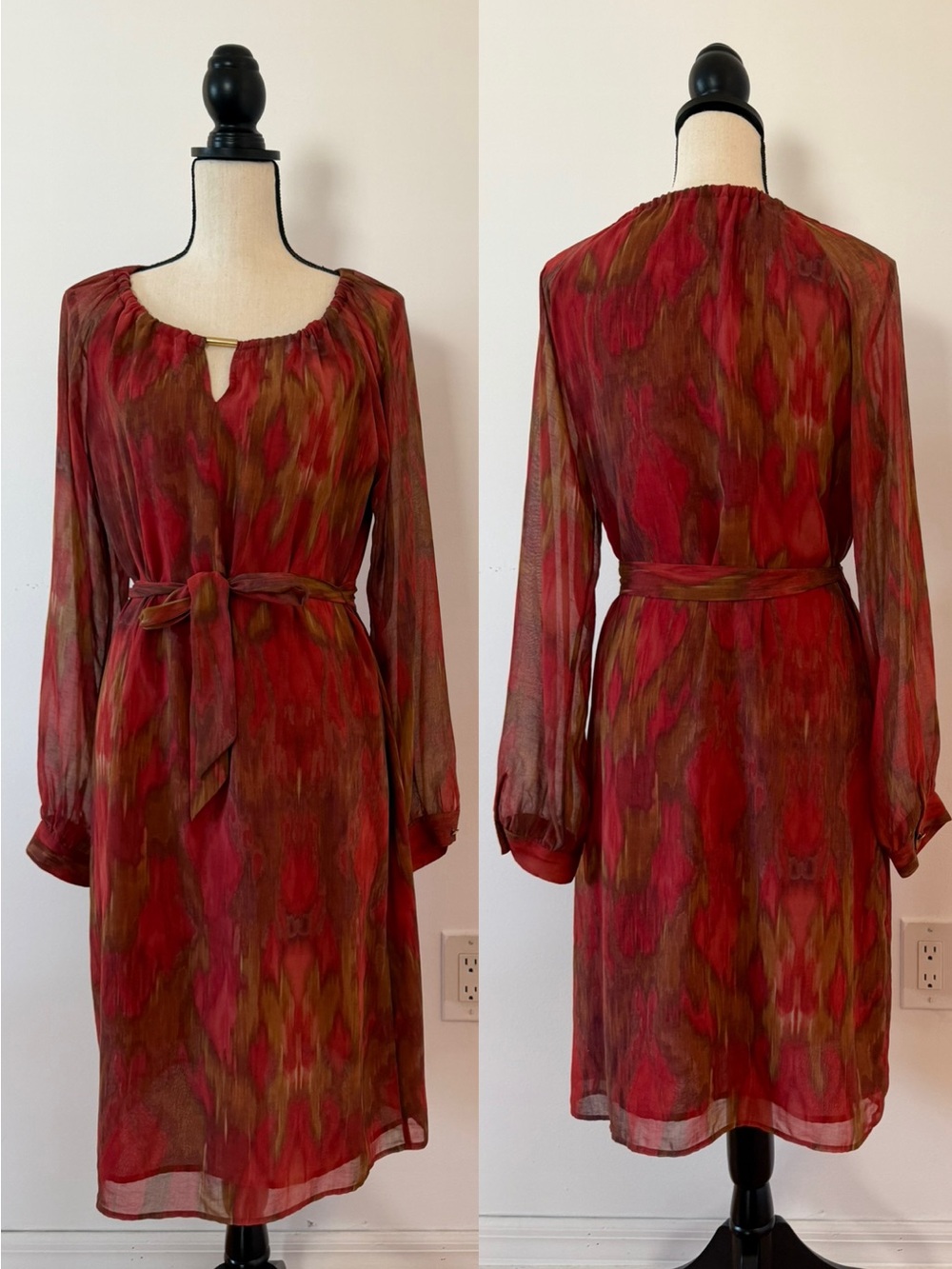 Banana Republic Red & Olive Sheer Tie-Waist Long-Sleeve Dress